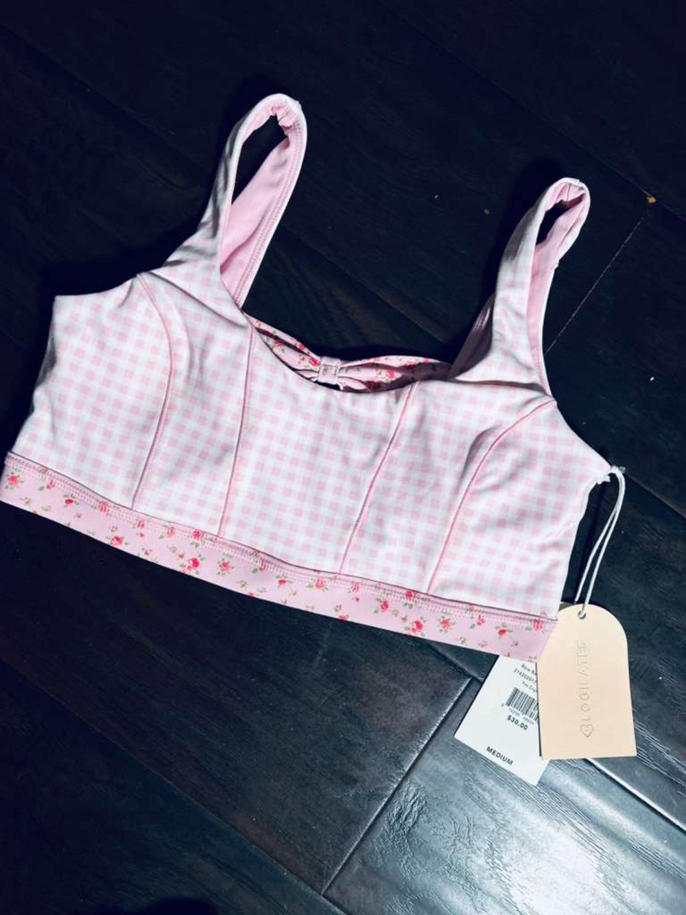 Soft Pink Gingham Floral-Trim Sleep Bralette Size Medium